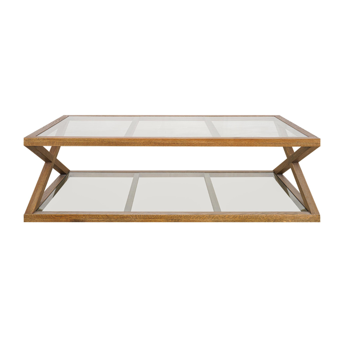 Zoey Cross American Oak Glass Coffee Table, 140cm W x 80cm D x 41.5cm H (RRP $1,999)