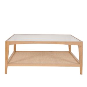Mila Natural Oak Coffee Table With Rattan Base And Glass Top, 100cm W x 100cm D x 42cm H (RRP $1,419)