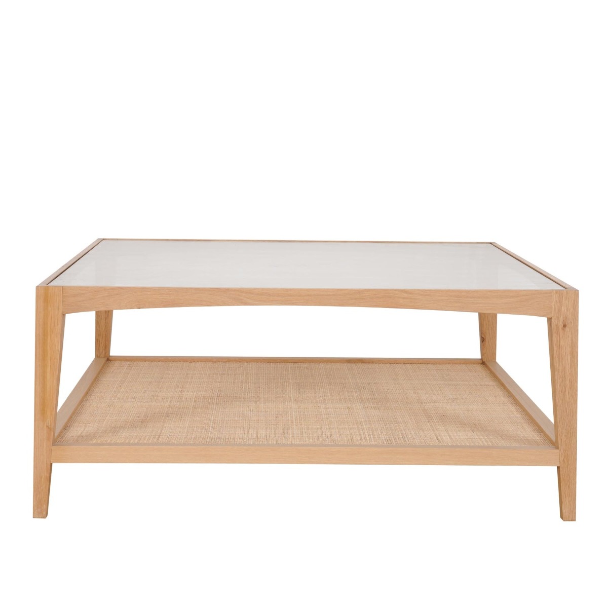 Mila Natural Oak Coffee Table With Rattan Base And Glass Top, 100cm W x 100cm D x 42cm H (RRP $1,419)