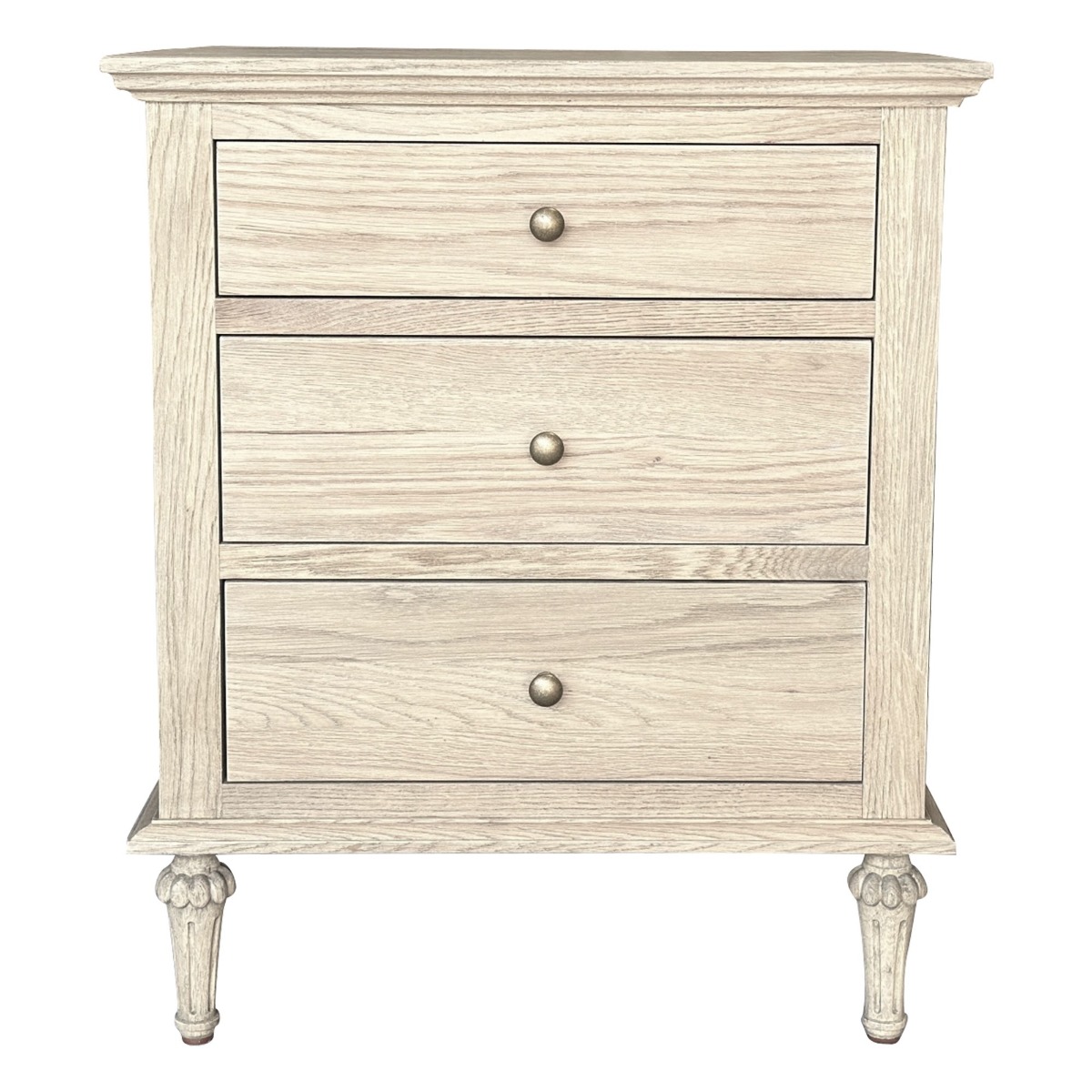 "Hampshire" Hamptons Style Solid Timber 3 Drawer Bedside Table, Weathered Oak 60cmW x 49cmD x 71cmH (RRP $999)