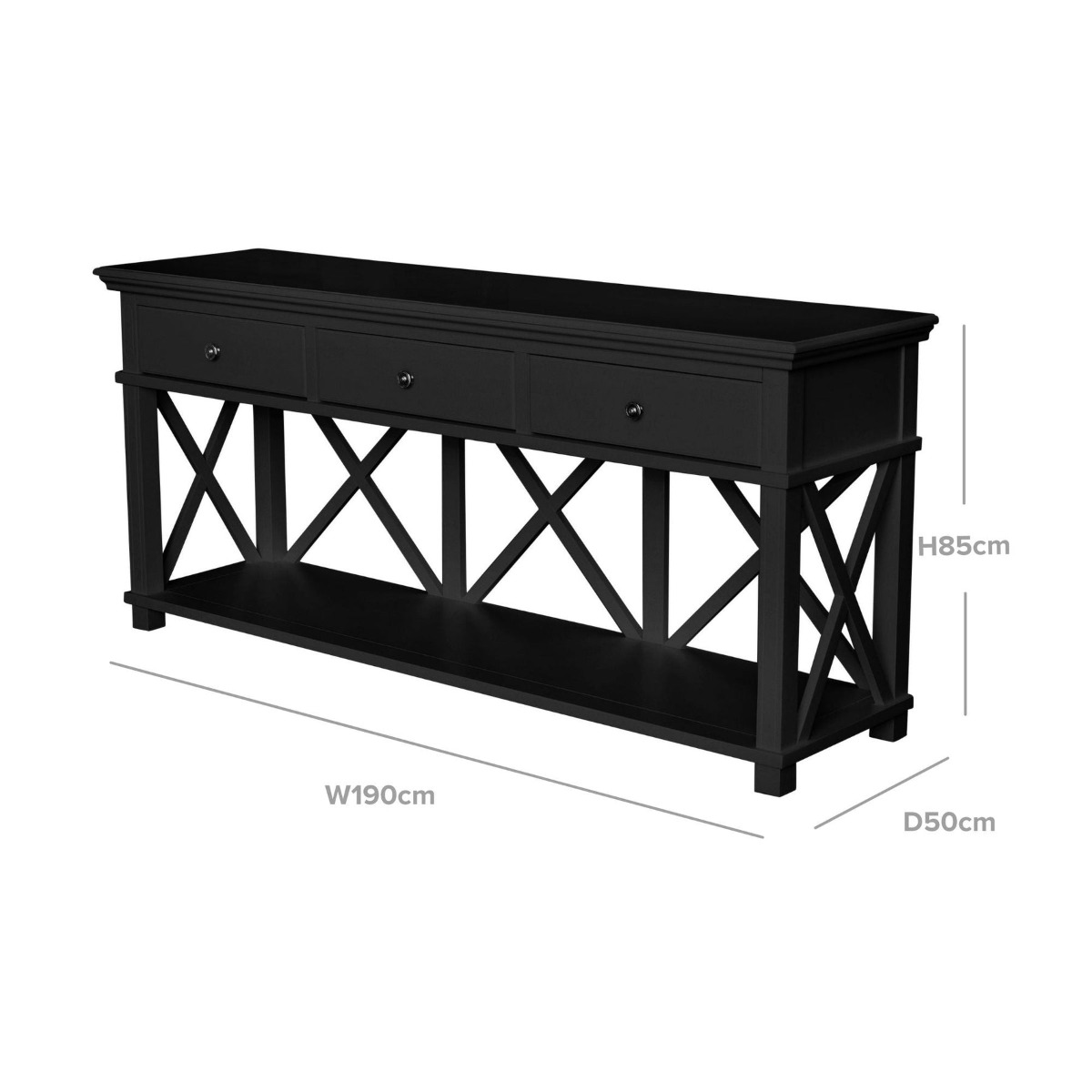 Sorrento 3 Drawer Hamptons 190cm Console Black, W 190cm D 50cm H 85cm (RRP $1999) - Image 12