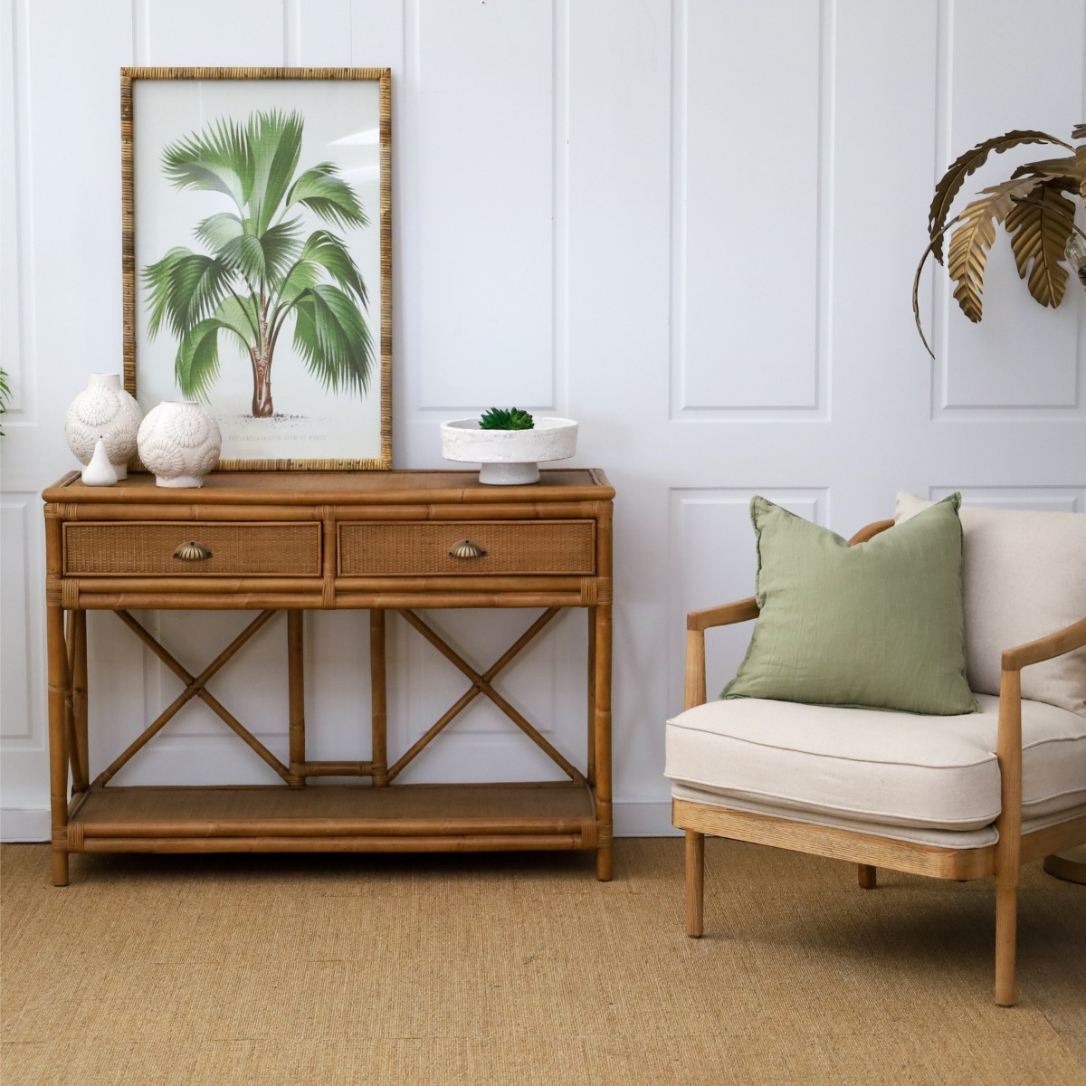 Cayman Rattan 2 Drawer Hamptons Console Natural, W 120cm D 40cm H 86cm (RRP $1499) - Image 2