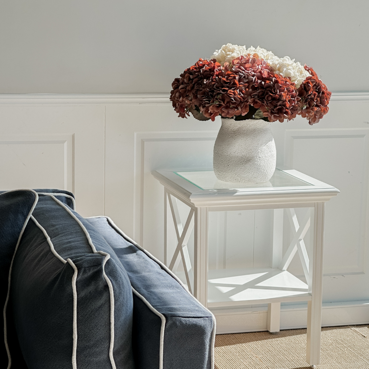 Sorrento Hamptons Square Side Table W/ Glass Top White, W 55cm D 55cm H 65.1cm (RRP $499) - Image 2