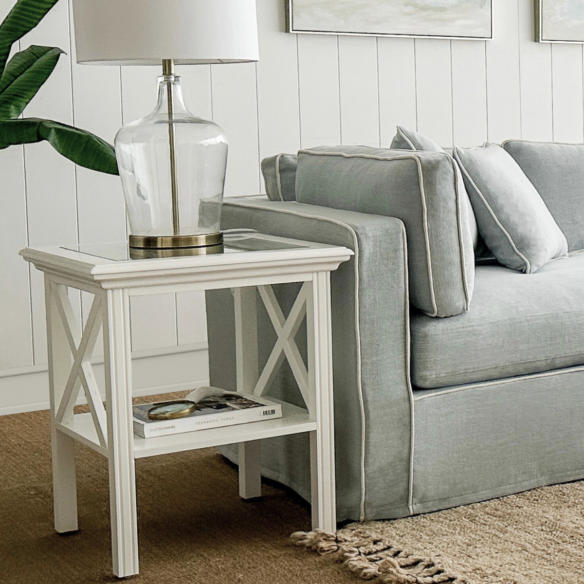 Sorrento Hamptons Square Side Table W/ Glass Top White, W 55cm D 55cm H 65.1cm (RRP $499) - Image 11