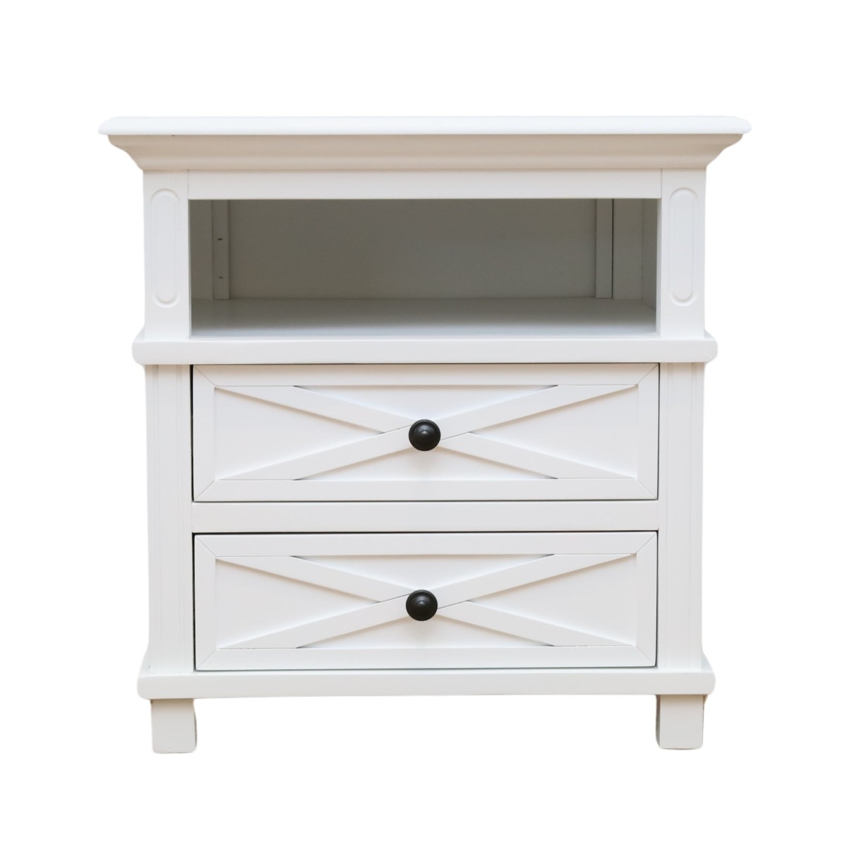 Sorrento Hamptons Medium 2 Drawer Bedside Table White, W 65cm D 60cm H 65cm (RRP $799)