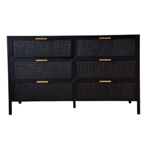Santorini Dresser 6 Drawer Black Timber & Rattan, W 140cm D 45cm H 85cm (RRP $1999)