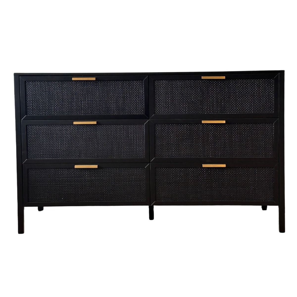 Santorini Dresser 6 Drawer Black Timber & Rattan, W 140cm D 45cm H 85cm (RRP $1999)