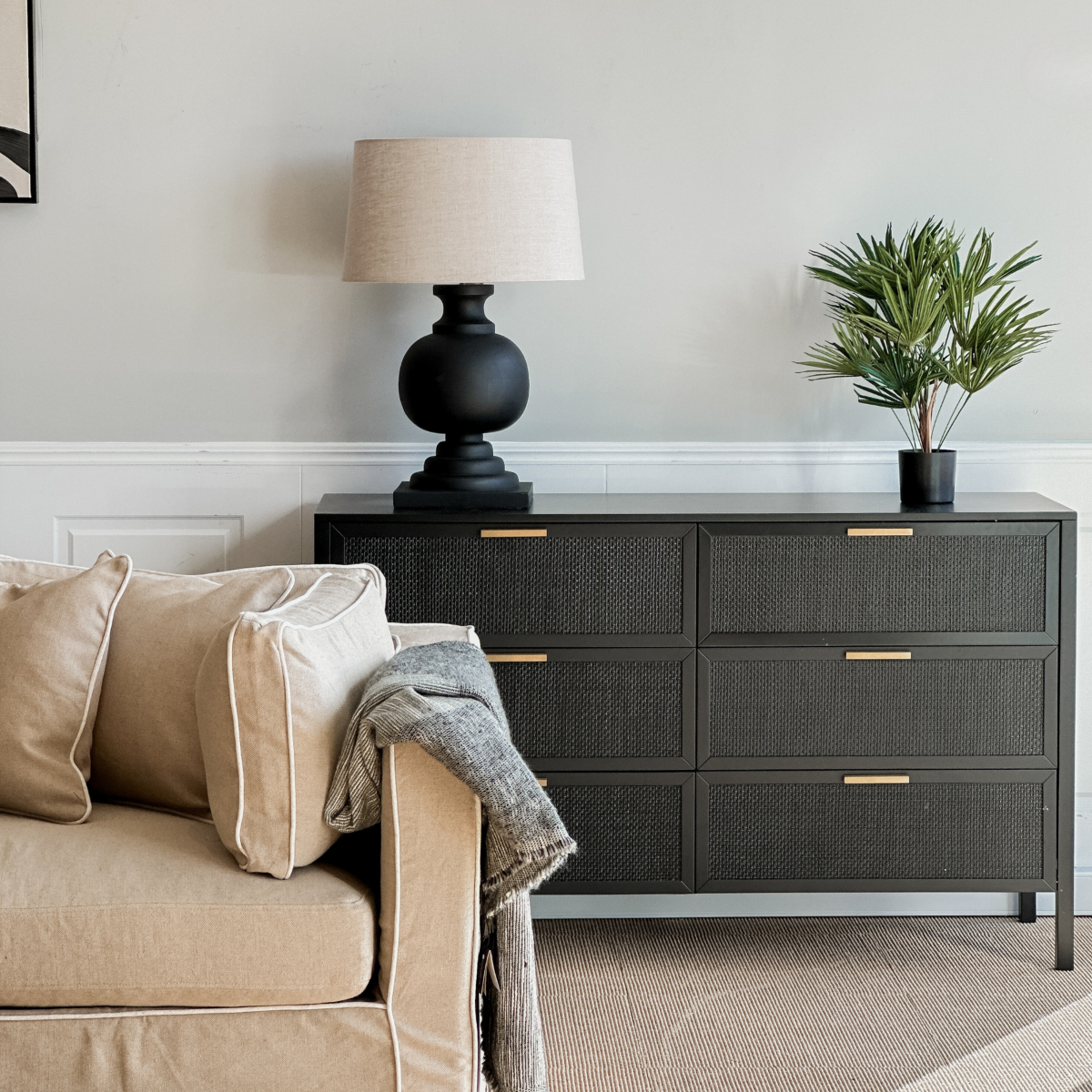 Santorini Dresser 6 Drawer Black Timber & Rattan, W 140cm D 45cm H 85cm (RRP $1999) - Image 7