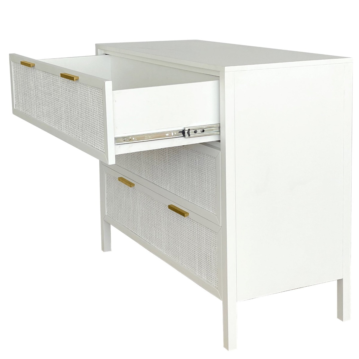 Santorini Hamptons 3 Drawer Timber/Rattan Dresser White, W 100cm D 45cm H 85cm (RRP $1199) - Image 3