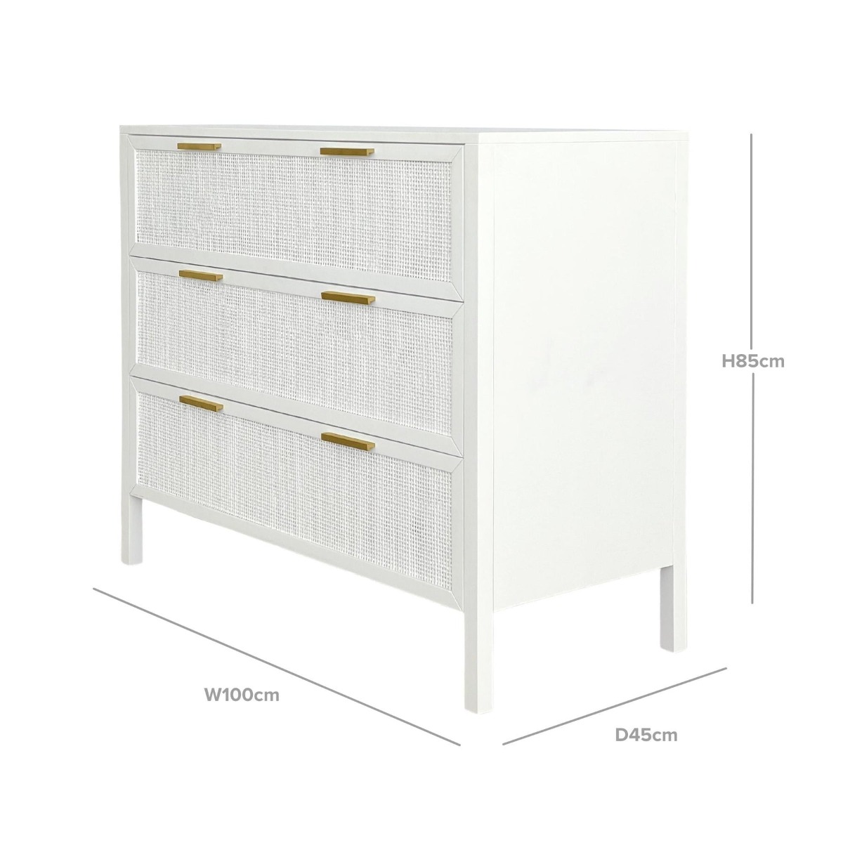Santorini Hamptons 3 Drawer Timber/Rattan Dresser White, W 100cm D 45cm H 85cm (RRP $1199) - Image 8