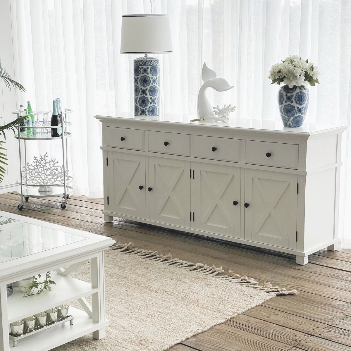 Sorrento 4 Door Hamptons Buffet White, W 188cm D 50cm H 85cm (RRP $2299) - Image 5