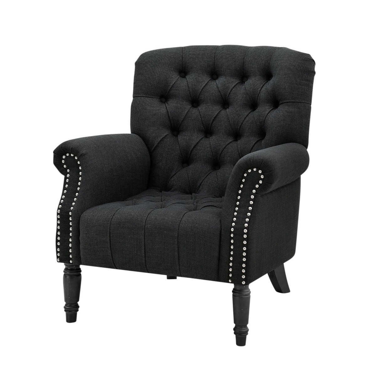Maurice Charcoal Linen Blend Hamptons Buttoned Armchair W/Studs, W 83cm D 86cm H 95cm (RRP $1199) - Image 2