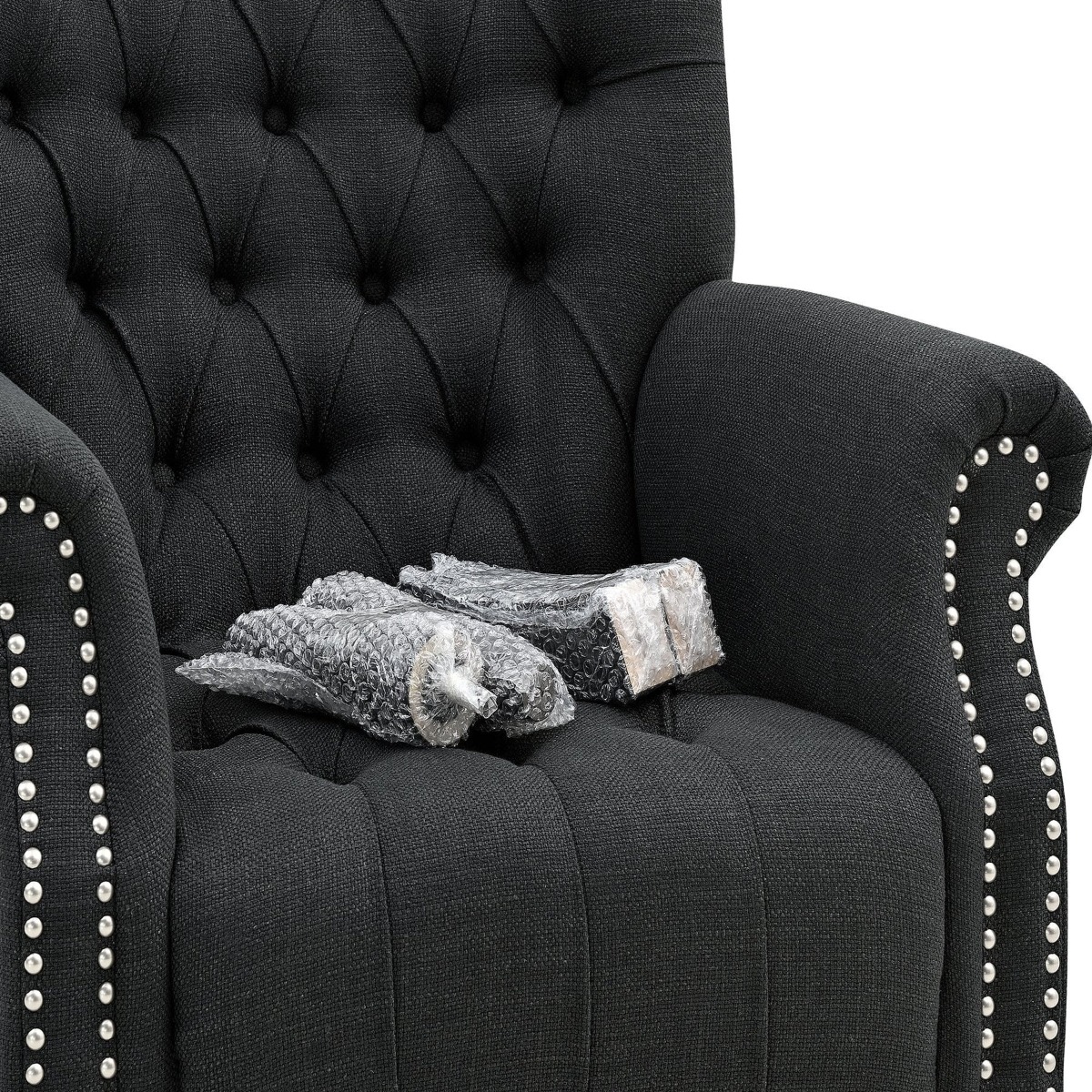Maurice Charcoal Linen Blend Hamptons Buttoned Armchair W/Studs, W 83cm D 86cm H 95cm (RRP $1199) - Image 3