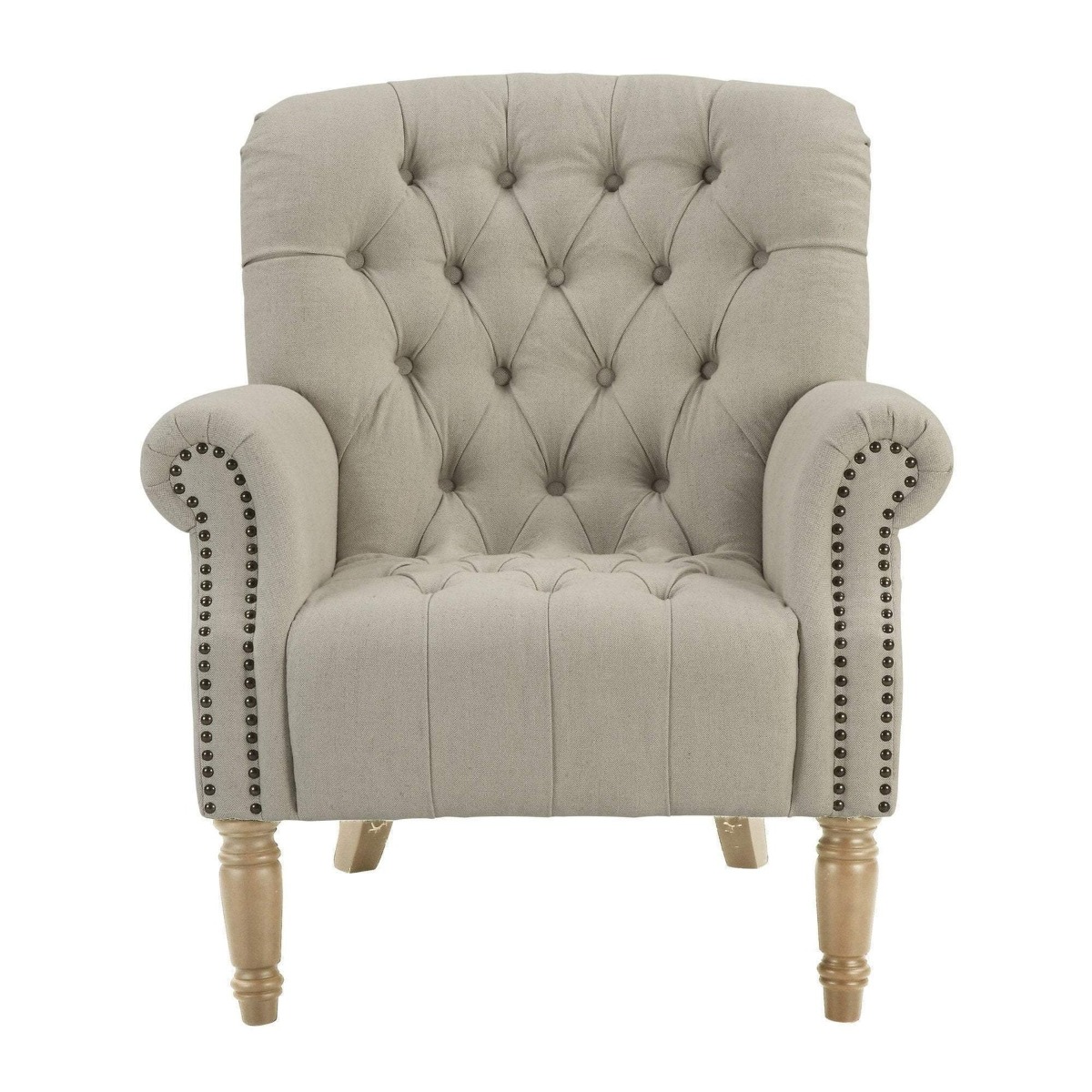 Maurice Natural Linen Blend Buttoned Armchair W/ Studs Oak Legs, W 83cm D 86cm H 95cm (RRP $1199)