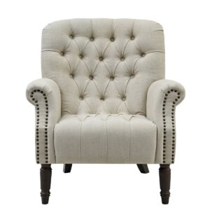 wp-image-tigress-47830.jpg Maurice Natural Linen Blend Hamptons Buttoned Armchair W/Studs Dark Legs, W 83cm D 86cm H 95cm (RRP $1199)