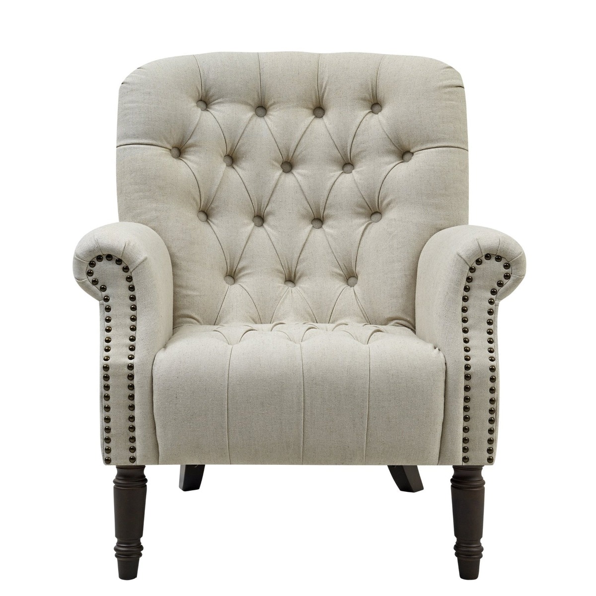 Maurice Natural Linen Blend Hamptons Buttoned Armchair W/Studs Dark Legs, W 83cm D 86cm H 95cm (RRP $1199)