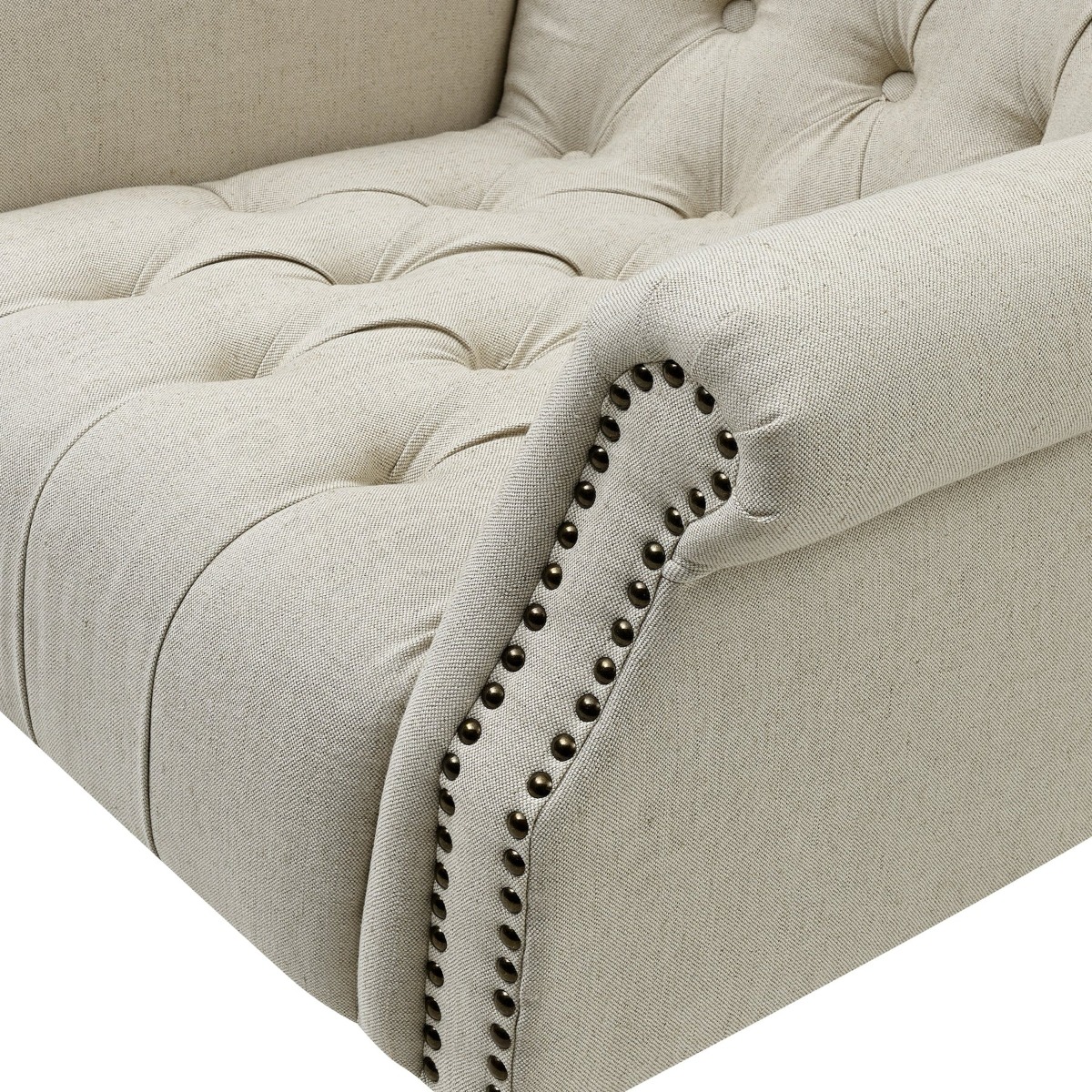 Maurice Natural Linen Blend Hamptons Buttoned Armchair W/Studs Dark Legs, W 83cm D 86cm H 95cm (RRP $1199) - Image 3