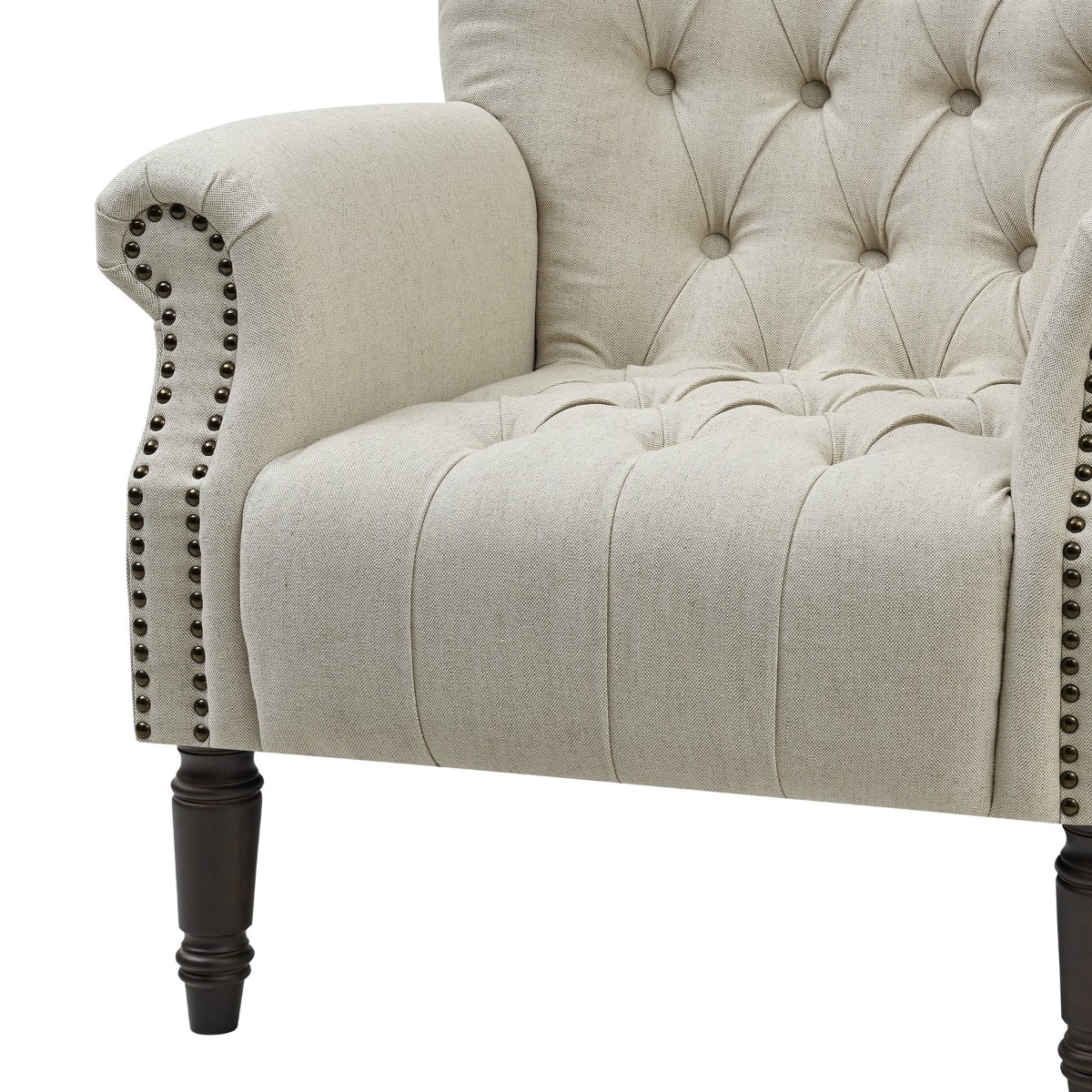 Maurice Natural Linen Blend Hamptons Buttoned Armchair W/Studs Dark Legs, W 83cm D 86cm H 95cm (RRP $1199) - Image 4