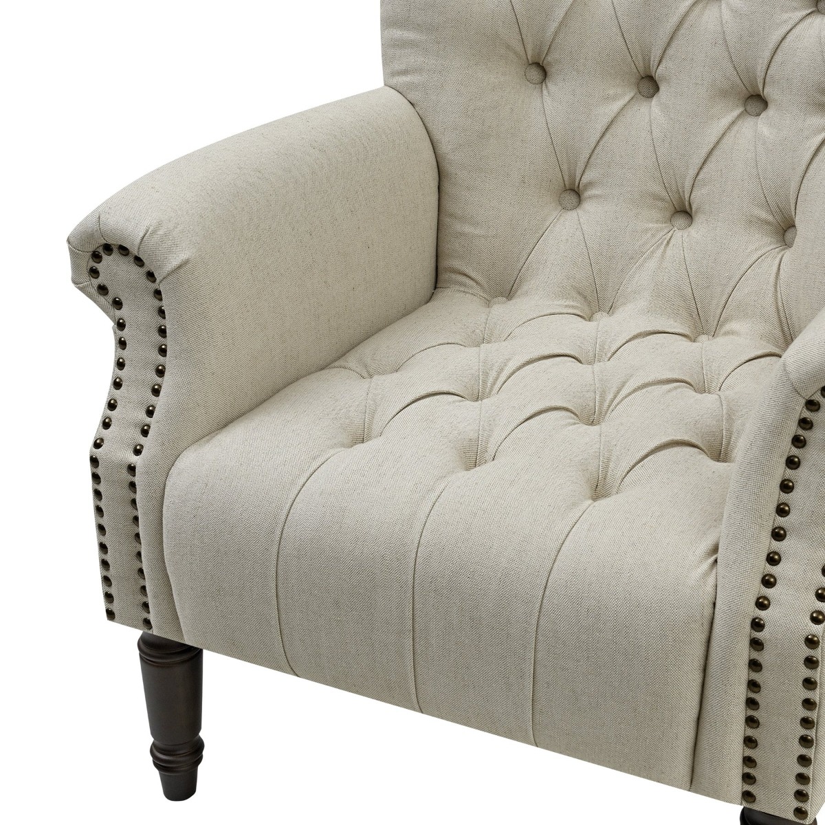 Maurice Natural Linen Blend Hamptons Buttoned Armchair W/Studs Dark Legs, W 83cm D 86cm H 95cm (RRP $1199) - Image 7