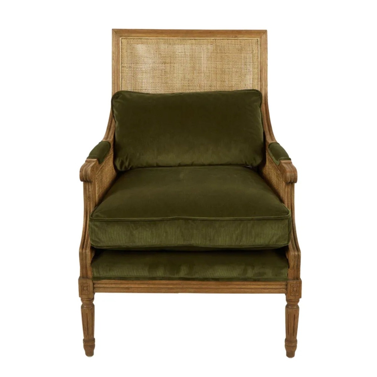 Hicks Cane Armchair Natural with Olive Green Cushions, W 86cm D 63cm H 95cm (RRP $1999)