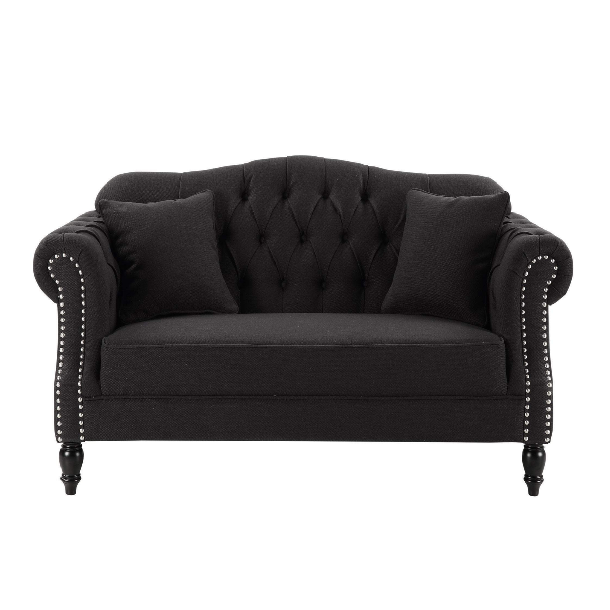 Vaucluse Buttoned Tuffed 2 Seat Sofa Charcoal W/ Studs, W 177cm D 87cm H 90cm (RRP $2299)