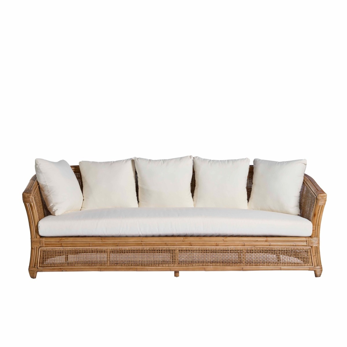 Cayman 3 Seat Rattan Sofa Cream Cushion Natural, W 220cm D 82cm H 80cm (RRP $2999)