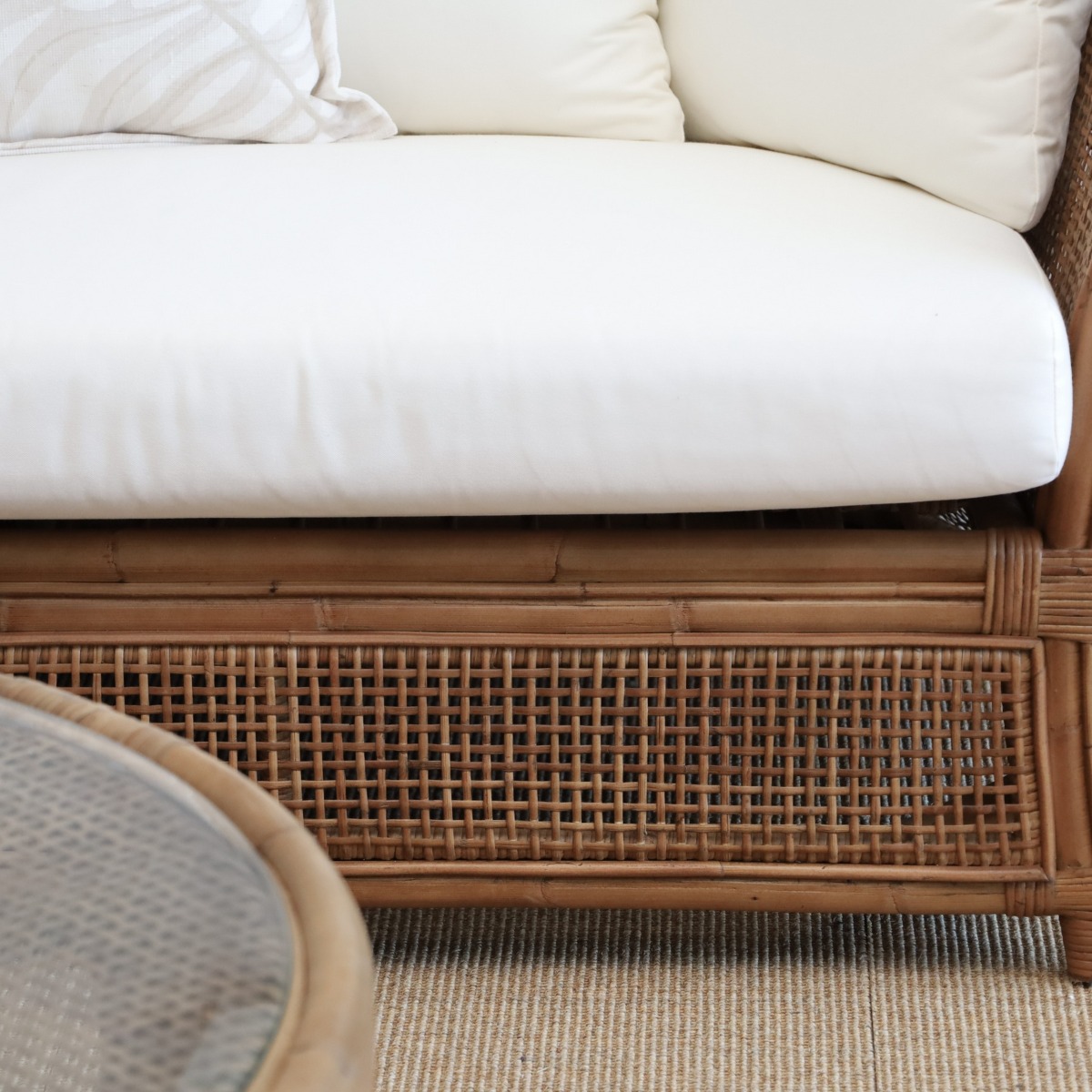 Cayman 3 Seat Rattan Sofa Cream Cushion Natural, W 220cm D 82cm H 80cm (RRP $2999) - Image 2