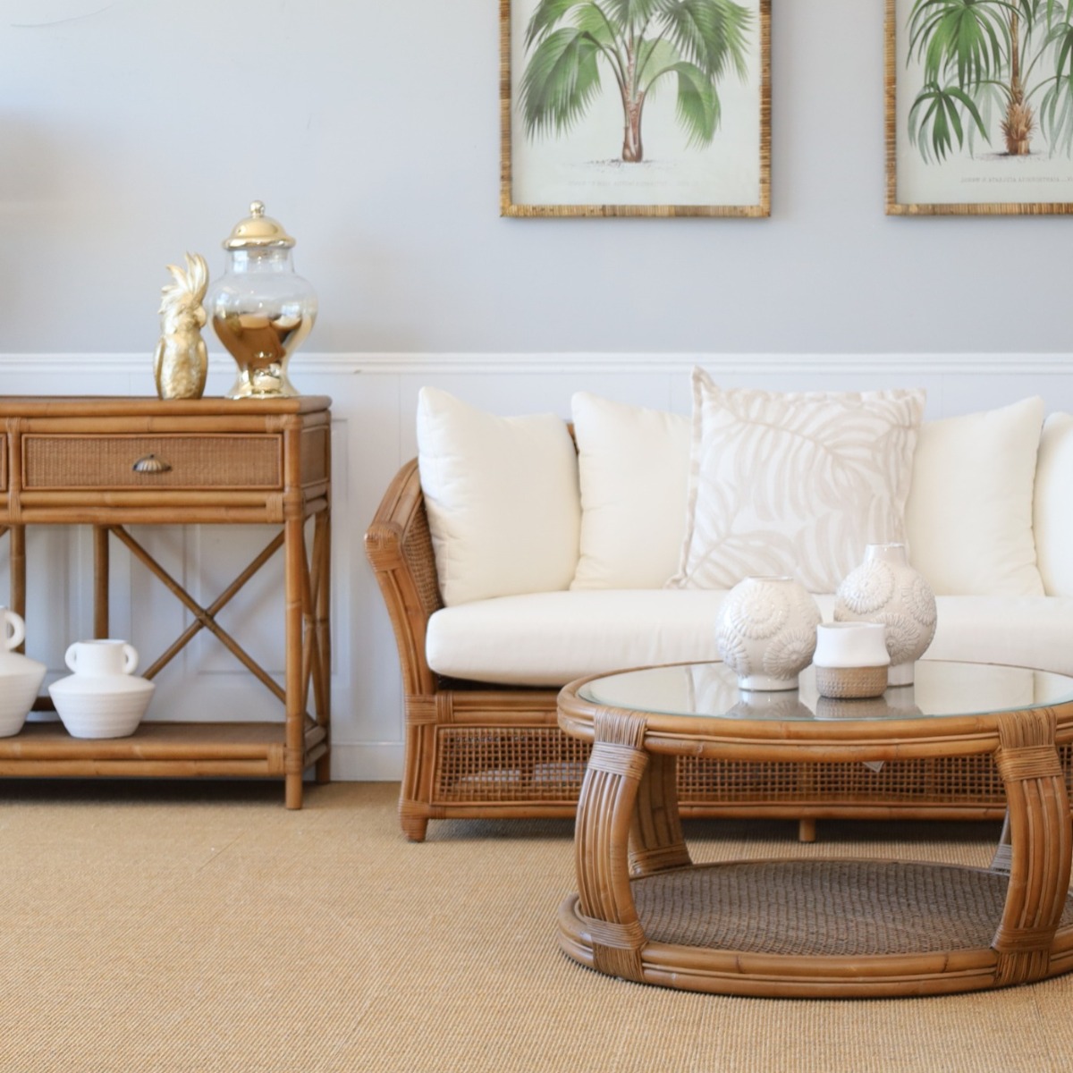 Cayman 3 Seat Rattan Sofa Cream Cushion Natural, W 220cm D 82cm H 80cm (RRP $2999) - Image 8