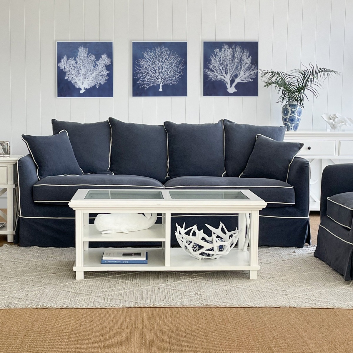 Noosa Hamptons 3 Seat Sofa Navy W/White Piping, W 221cm D 91cm H 80cm (RRP $3299) - Image 13