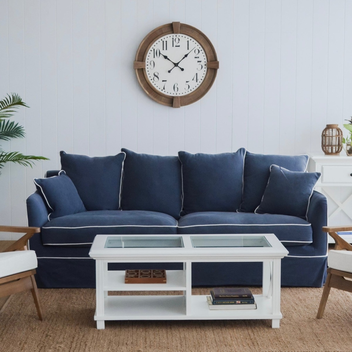 Noosa Hamptons 3 Seat Sofa Navy W/White Piping, W 221cm D 91cm H 80cm (RRP $3299) - Image 14