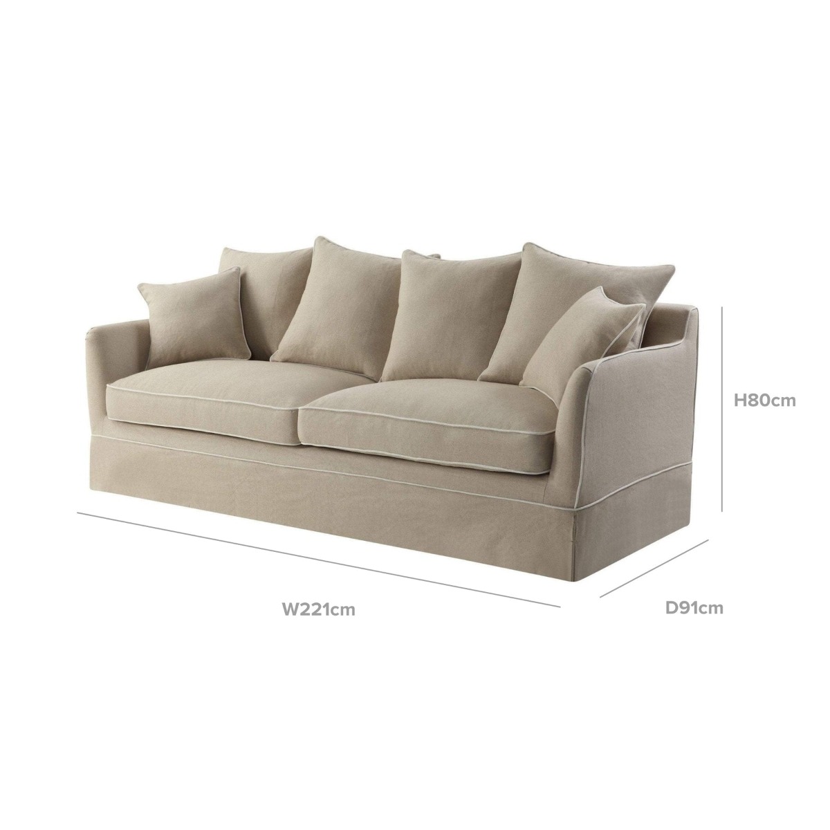 Noosa Hamptons 3 Seat Sofa Natural W/White Piping, W 221cm D 91cm H 80cm (RRP $3299) - Image 12