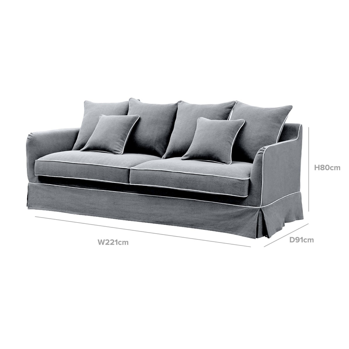 Noosa Hamptons 3 Seat Sofa Grey W/White Piping, W 221cm D 91cm H 80cm (RRP $3299) - Image 12