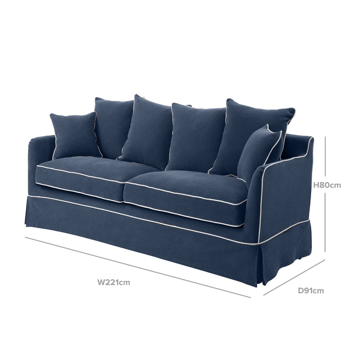 Noosa Hamptons 3 Seat Queen Sofa Bed Navy W/White Piping, W 221cm D 91cm H 80cm (RRP $4279) - Image 12