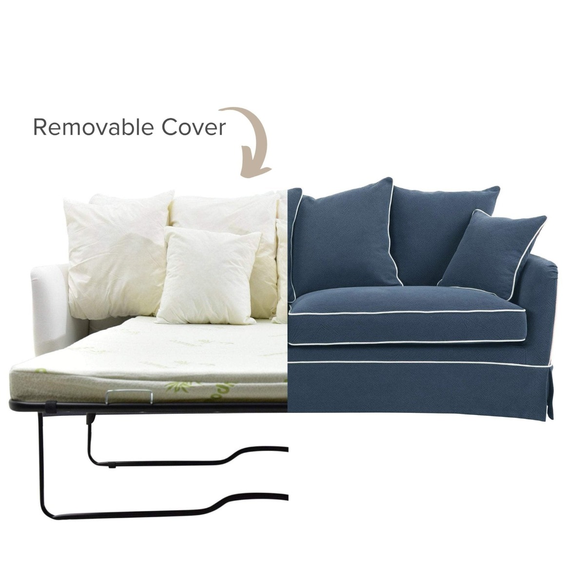 Noosa Hamptons 3 Seat Queen Sofa Bed Navy W/White Piping, W 221cm D 91cm H 80cm (RRP $4279) - Image 14