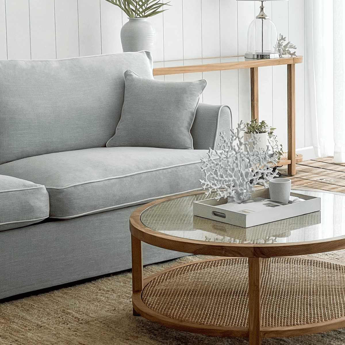 Byron Hamptons 3 Seat Sofa Beach with White Piping, W 223cm D 96cm H 78cm (RRP $3299) - Image 12