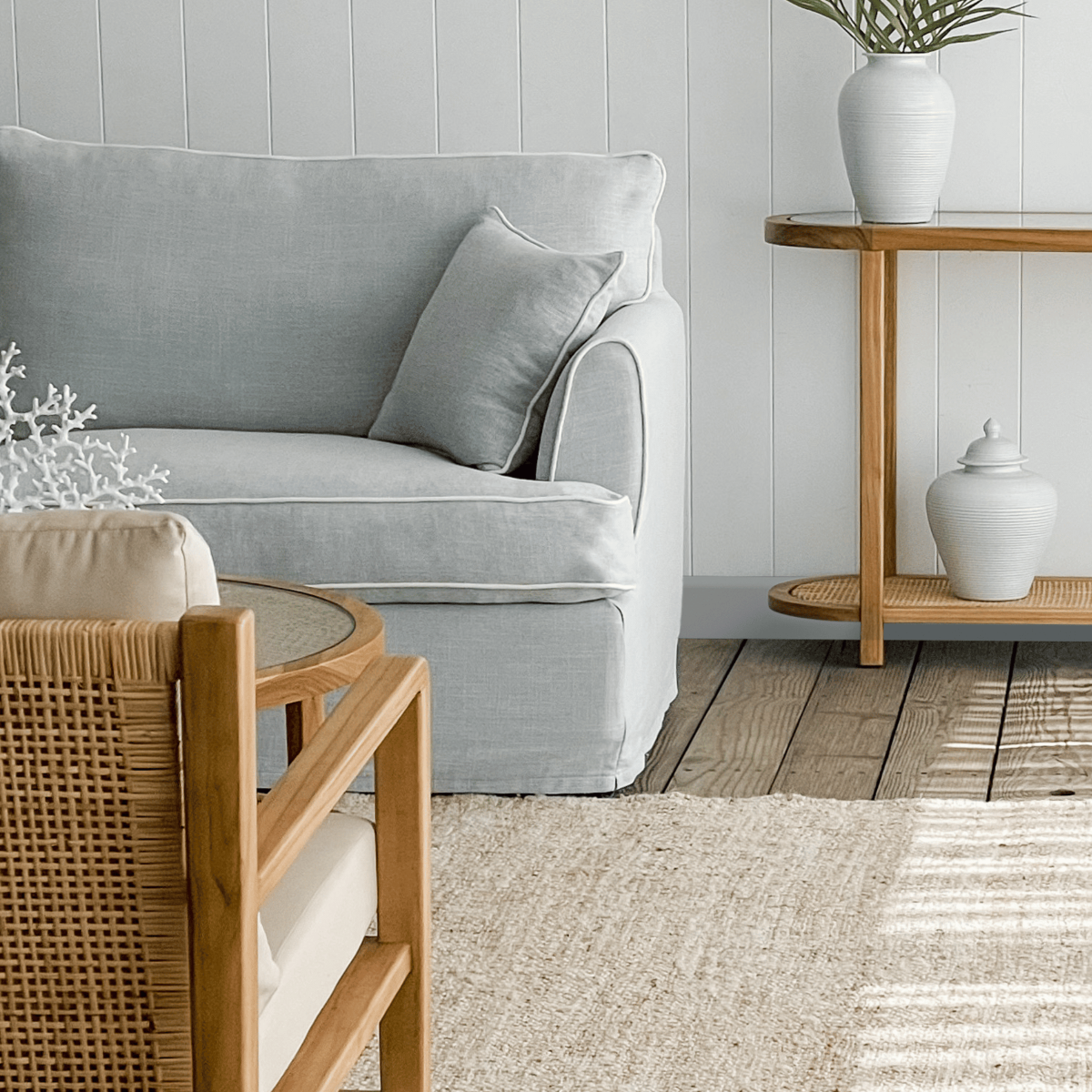 Byron Hamptons 3 Seat Sofa Beach with White Piping, W 223cm D 96cm H 78cm (RRP $3299) - Image 13