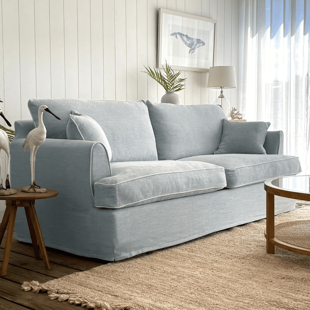 Byron Hamptons 3 Seat Sofa Beach with White Piping, W 223cm D 96cm H 78cm (RRP $3299) - Image 14