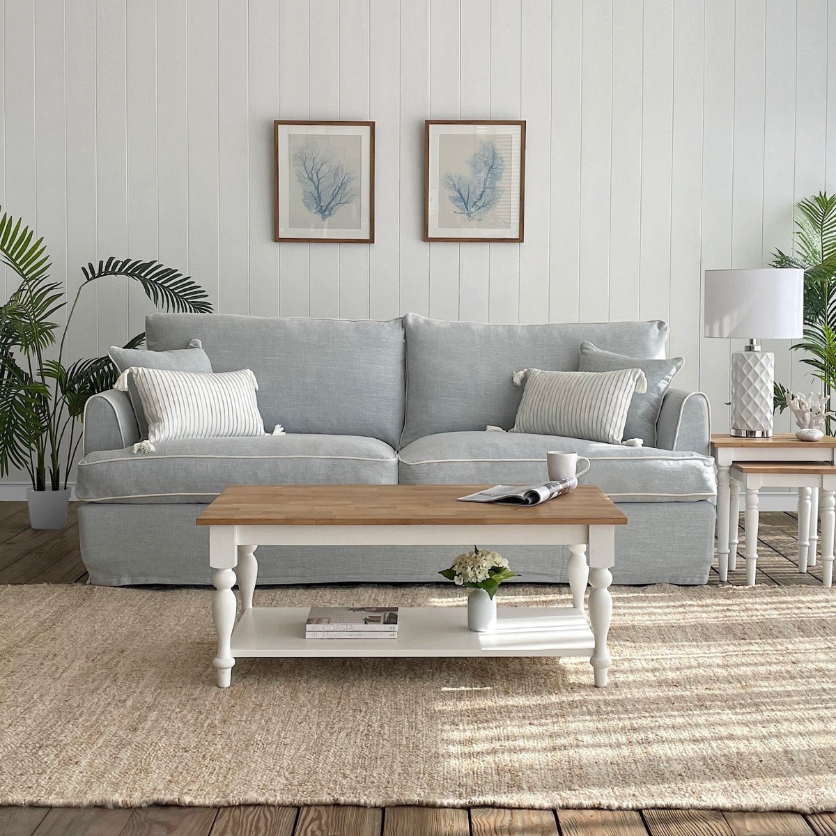 Byron Hamptons 3 Seat Sofa Beach with White Piping, W 223cm D 96cm H 78cm (RRP $3299) - Image 15