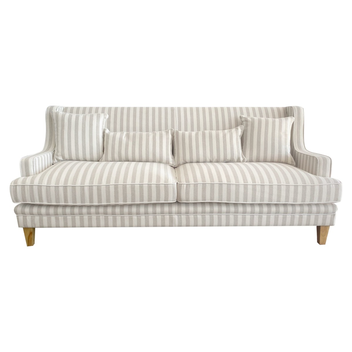 Bondi Hamptons 3 Seat Sofa Natural Stripe W/White Piping, W 215cm D 95cm H 94cm (RRP $2499)
