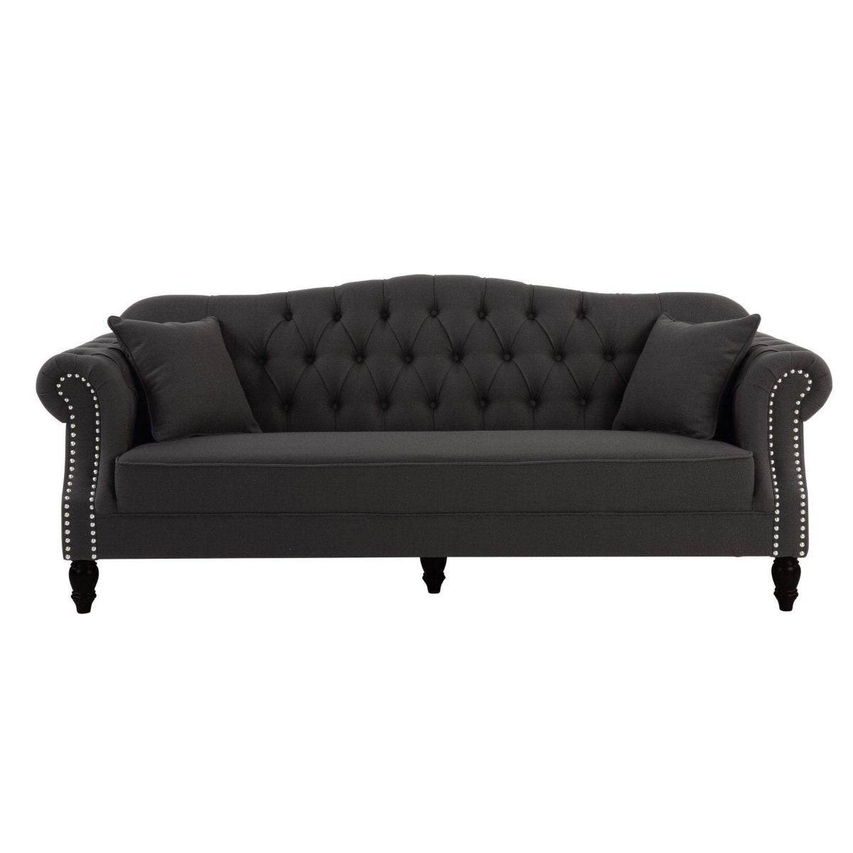 Vaucluse Buttoned 3 Seat Sofa Charcoal W/ Studs, W 224cm D 89cm H 91cm (RRP $2499)
