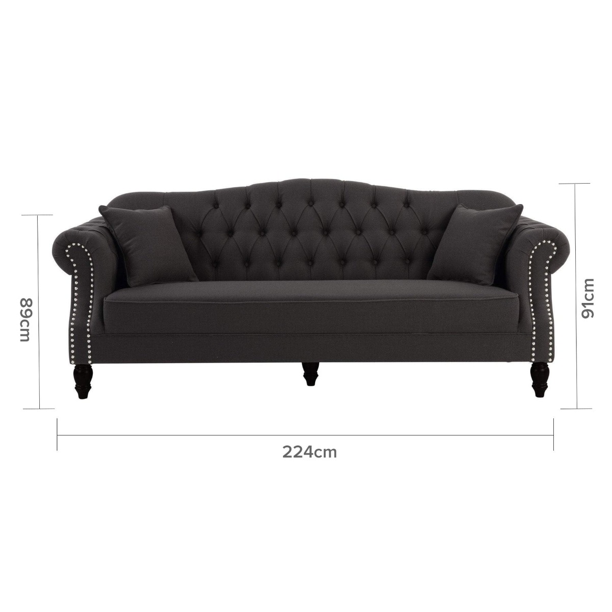 Vaucluse Buttoned 3 Seat Sofa Charcoal W/ Studs, W 224cm D 89cm H 91cm (RRP $2499) - Image 5