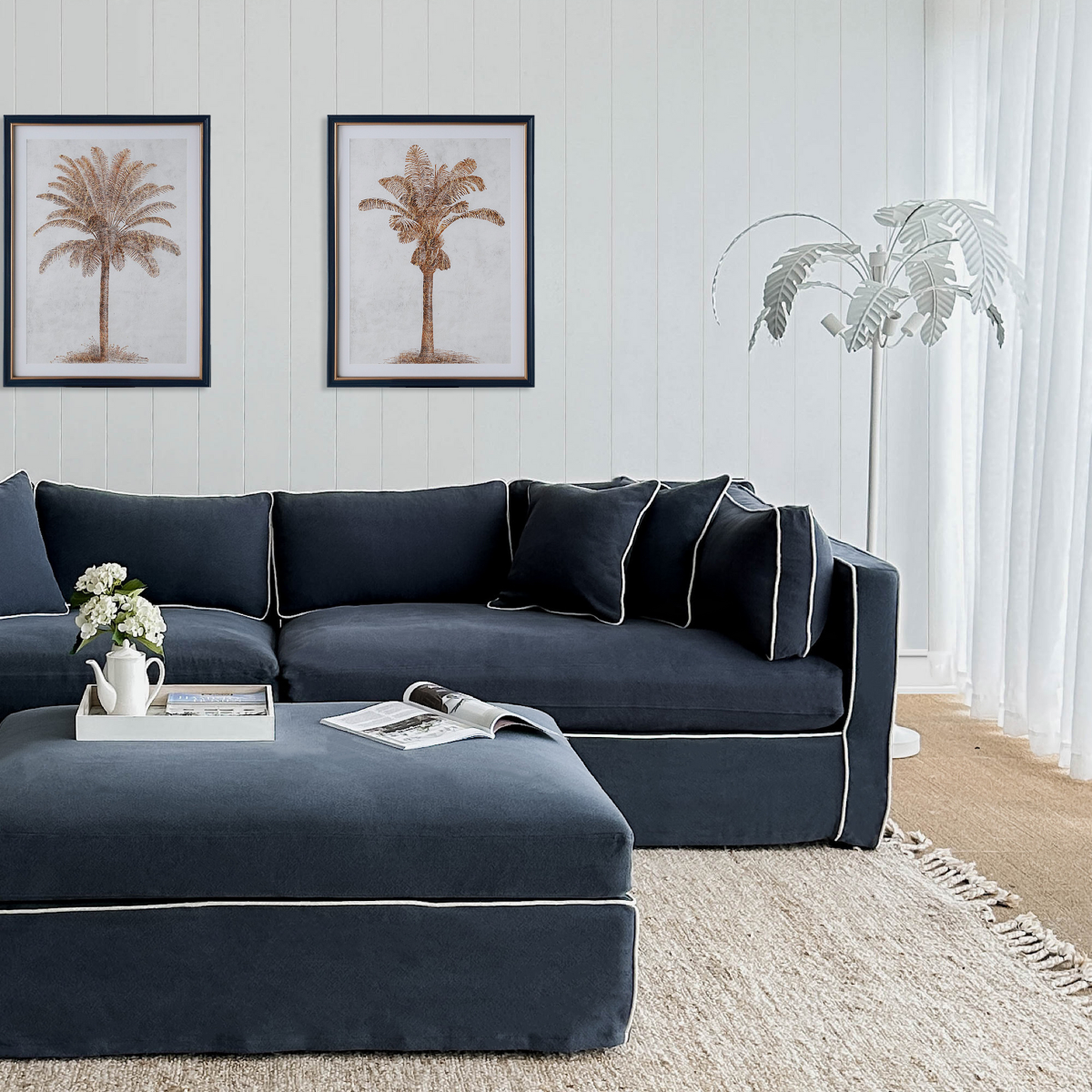 Marbella 4 Seat Sofa Navy W/White piping, W 300 D 100 H 85cm (RRP $3859)