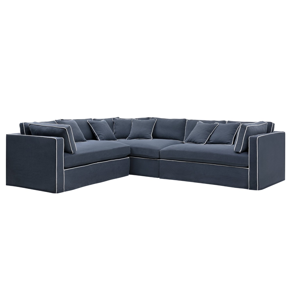 Marbella Modular Sofa Navy W/White Piping Right, W 300 D 250 H 85cm (RRP $6149)