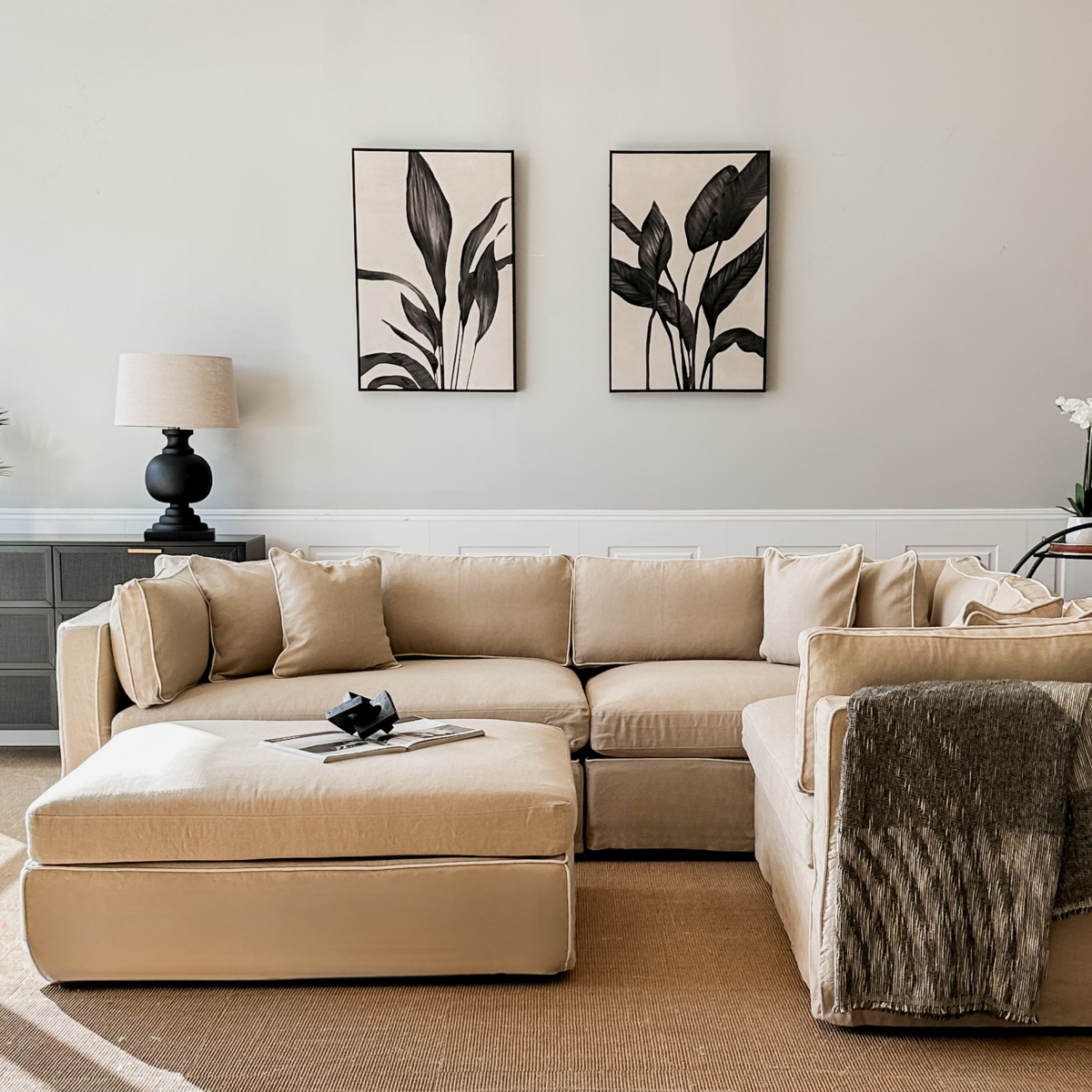 Marbella Modular Sofa Natural with White Piping Left, W 150 D 100 H 85cm (RRP $6149)