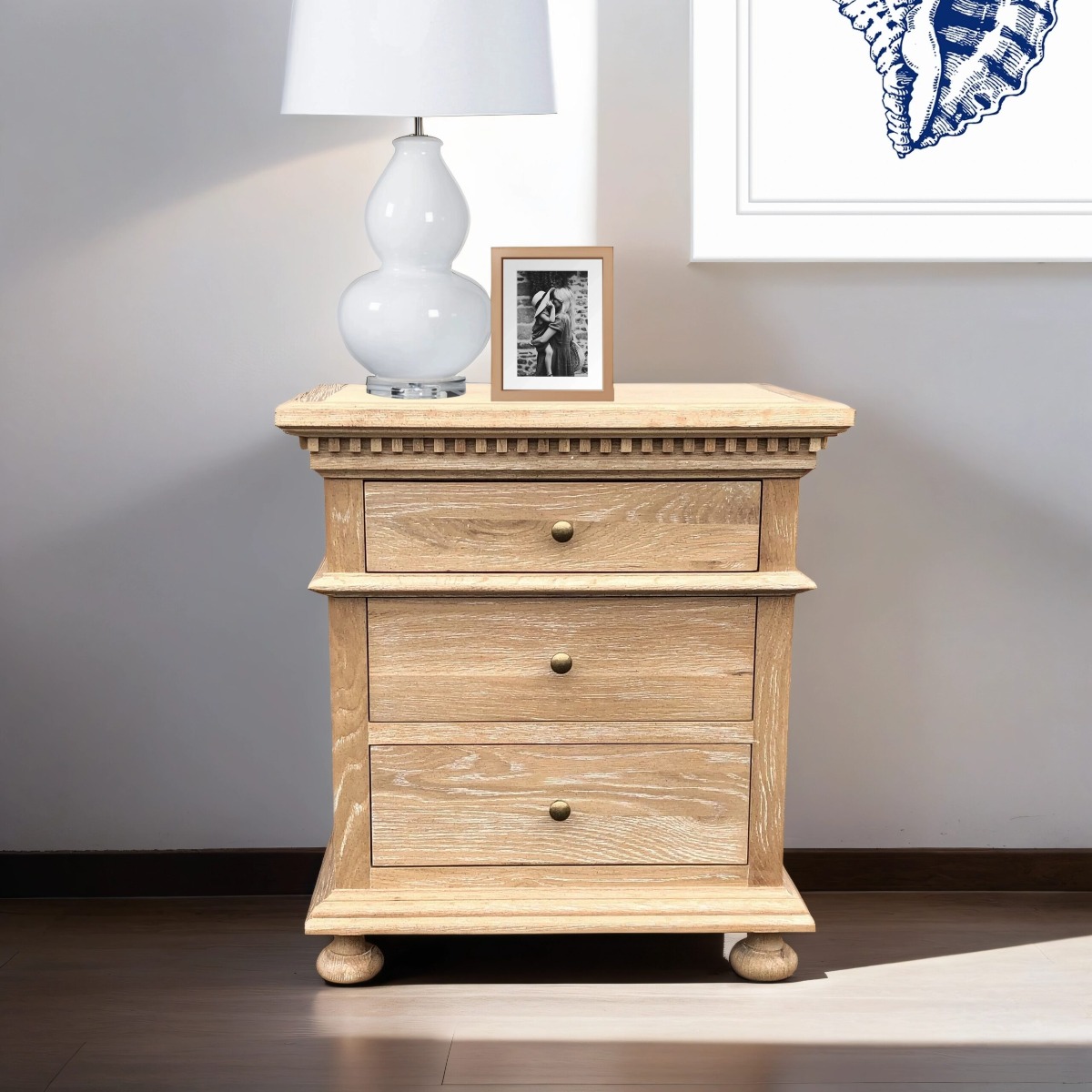 "South Hampton" Hamptons Style Solid Timber 3 Drawer Bedside Table, Whitewashed Oak 60cmW x 46cmD x 66cmH (RRP $1299) - Image 2