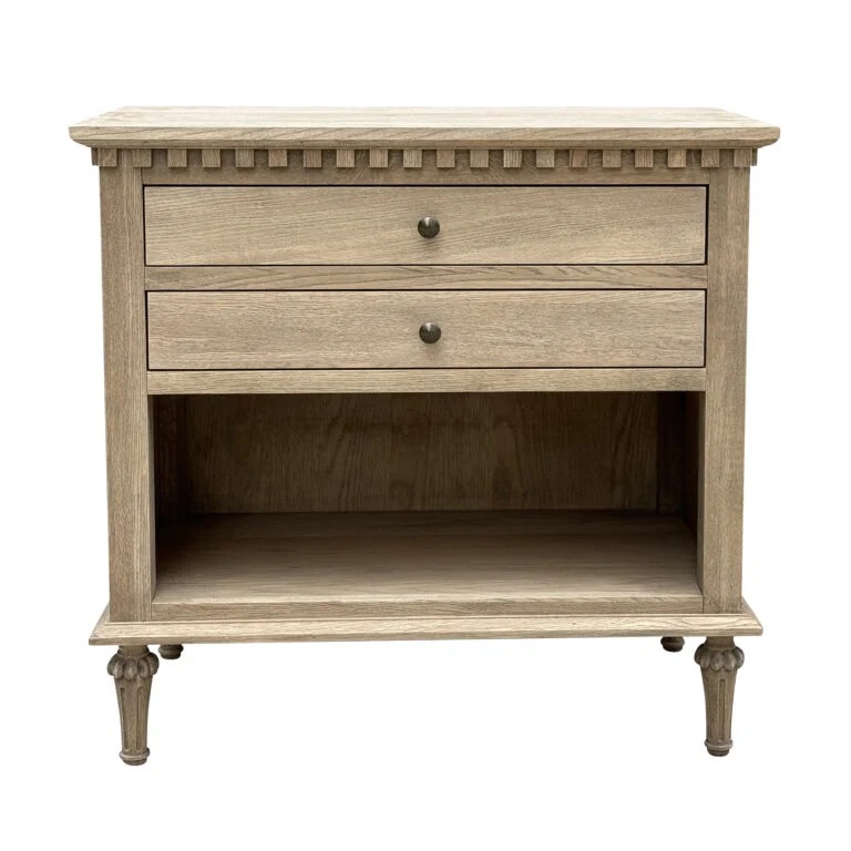 "Maison" Hamptons Style Solid Timber 2 Drawer Bedside Table, Weathered Oak 76cmW x 43cmD x 72cmH (RRP $1099)
