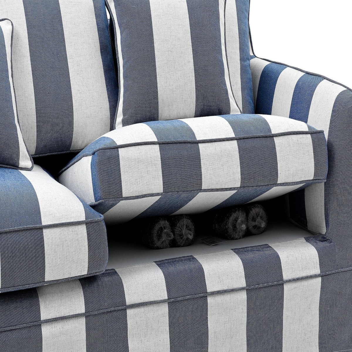 Slip Cover Only - Noosa Hamptons 2 Seat Sofa Denim/Cream Stripe, W 170cm D 91cm H 80cm (RRP $799) - Image 11