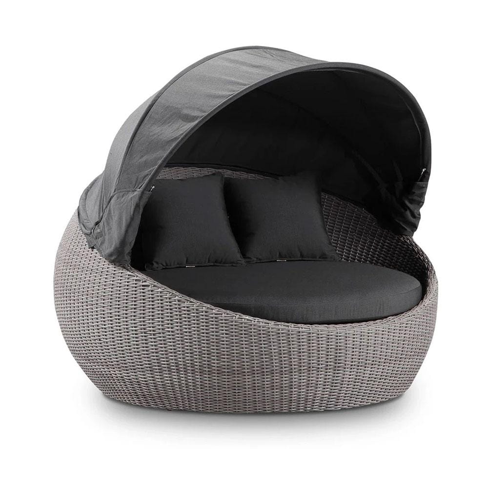 "Cancun" Hamptons Style Outdoor Wicker Round Daybed with Canopy in Brushed Grey with Sunbrella Cushions, 160cm Diameter