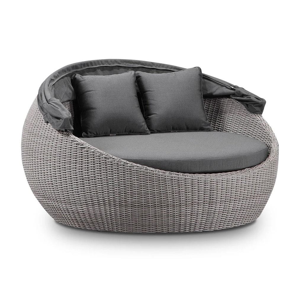 "Cancun" Hamptons Style Outdoor Wicker Round Daybed with Canopy in Brushed Grey with Sunbrella Cushions, 160cm Diameter - Image 2