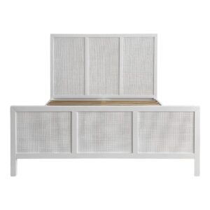 Santorini Hamptons Timber & Rattan Queen Bed White, W 162cm D 215cm H 130cm (RRP $2199)